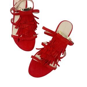 Marc Fisher 6 Red Suede Leather Charm Tiered Fringe Strappy Sandals Flat Ankle